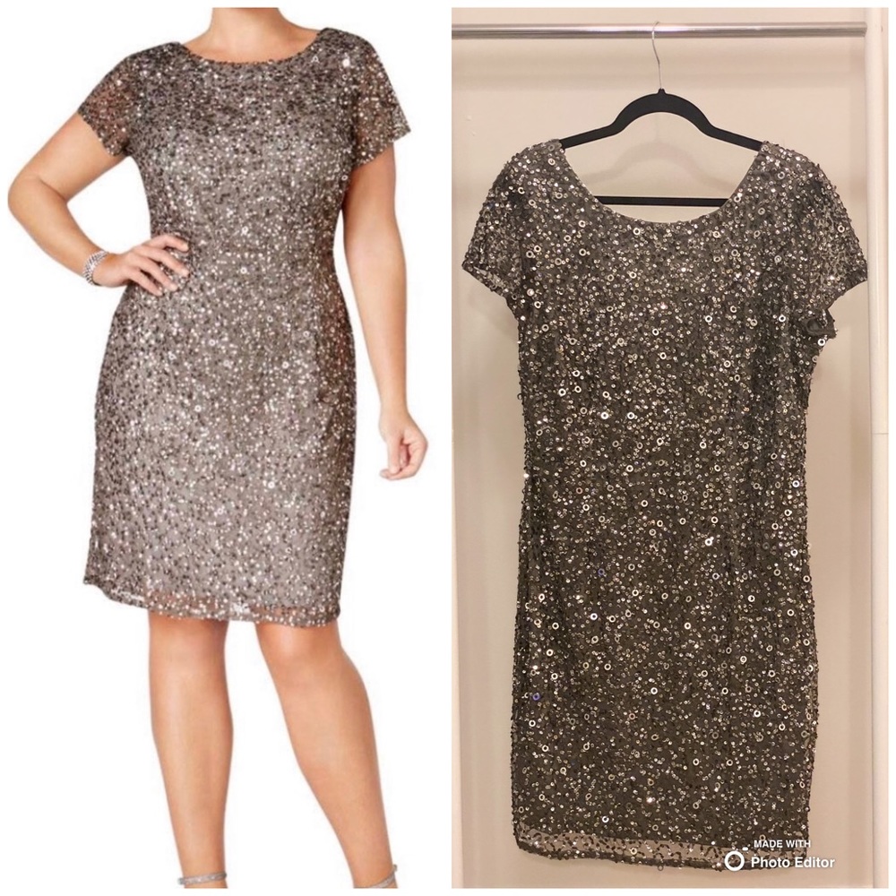 ADRIANNA PAPELL Beaded Cap Sleeve Sheath Dress in Lead (16W)